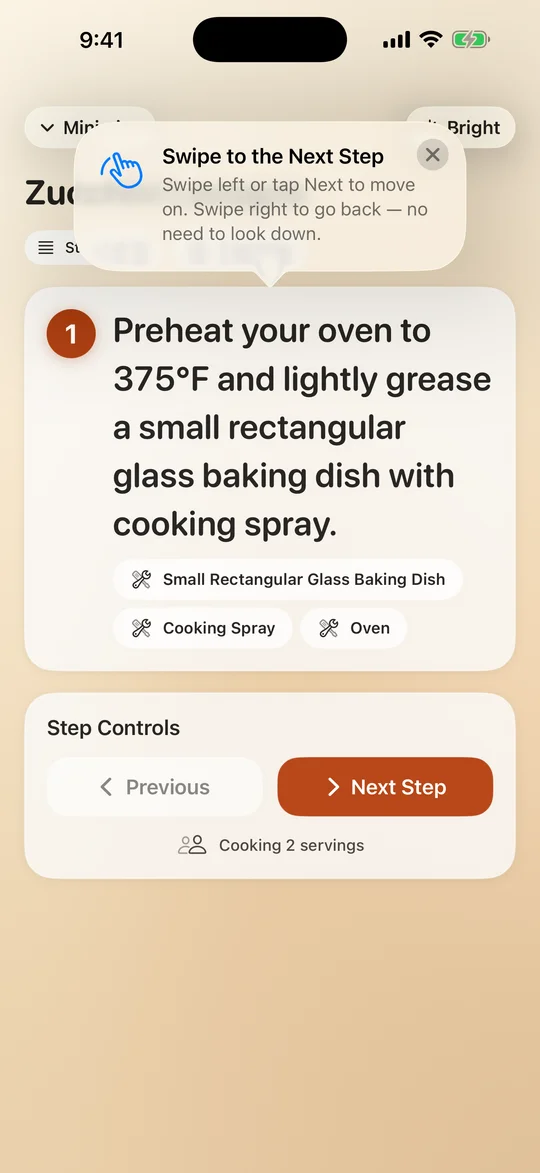 ReciReel Cook Mode focused on one large cooking step with its ingredients