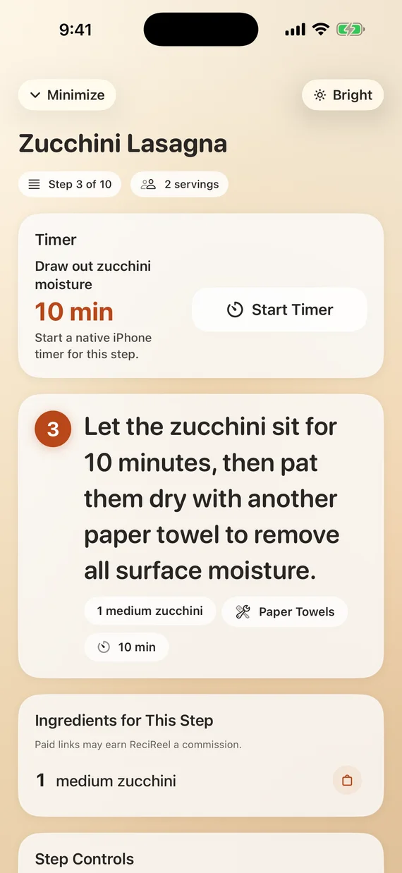 ReciReel Cook Mode offering a native ten minute iPhone timer for the current step