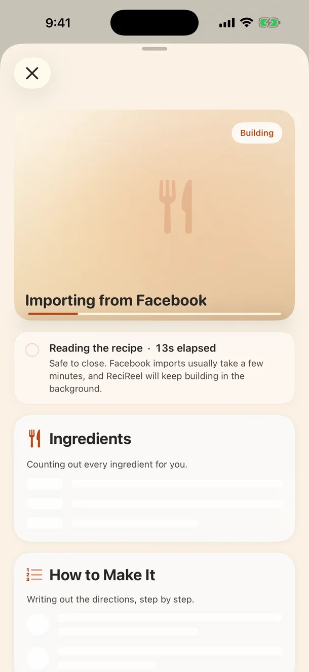 ReciReel progressively building a recipe section by section