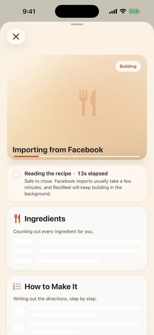 ReciReel progressively building a recipe section by section