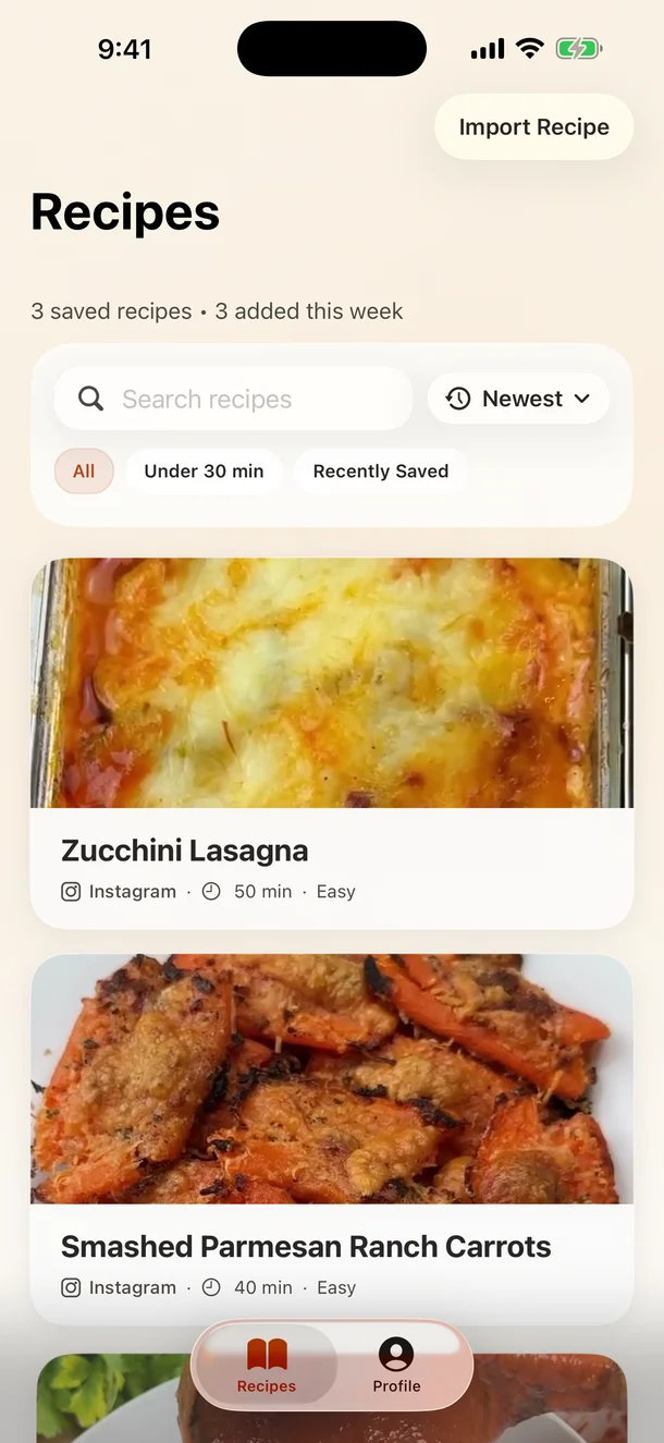 The ReciReel personal recipe library with search, filters, favorites, and recently saved recipes