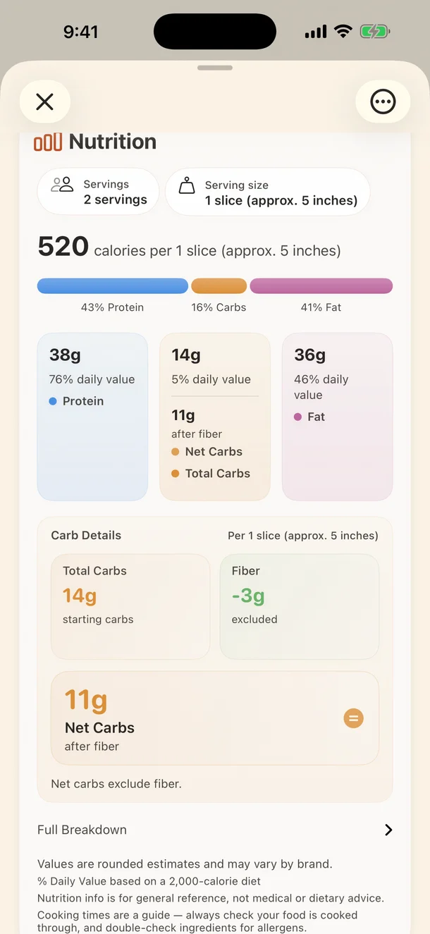 ReciReel estimated nutrition showing calories, protein, total carbs, net carbs, fat, and serving basis