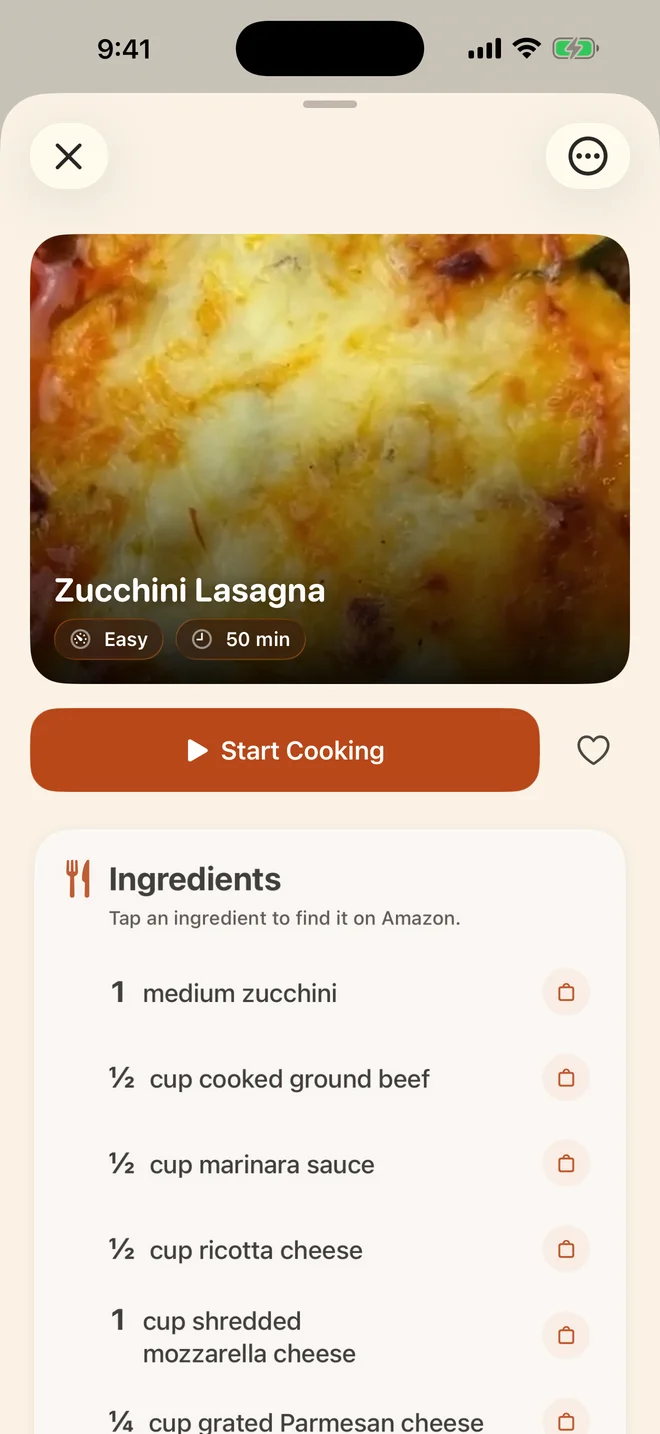 The completed ReciReel recipe for zucchini lasagna with a Start Cooking button and organized ingredients