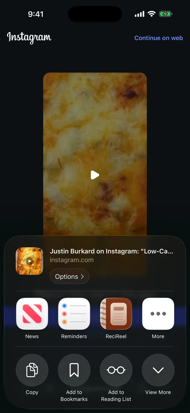 The iPhone share sheet with ReciReel selected for an Instagram cooking video