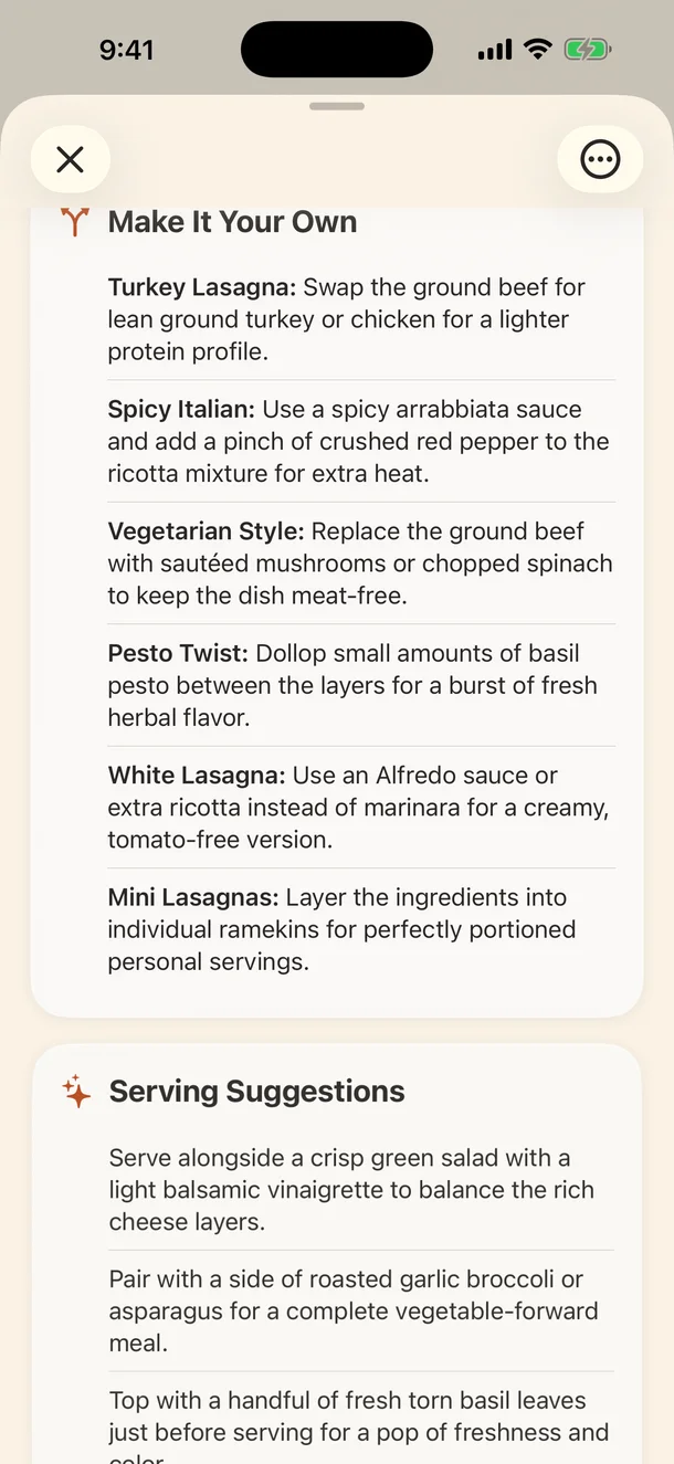 ReciReel recipe guidance showing Make It Your Own variations and serving suggestions